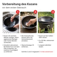 Outdoor-Kochset: Feuerstelle Ø 36,5 cm aus Stahl mit integriertem Brenner Seitenablage Adapterring Gusseisen-Kazan 12 L mit Aluminiumdeckel Schaumkelle Suppenkelle