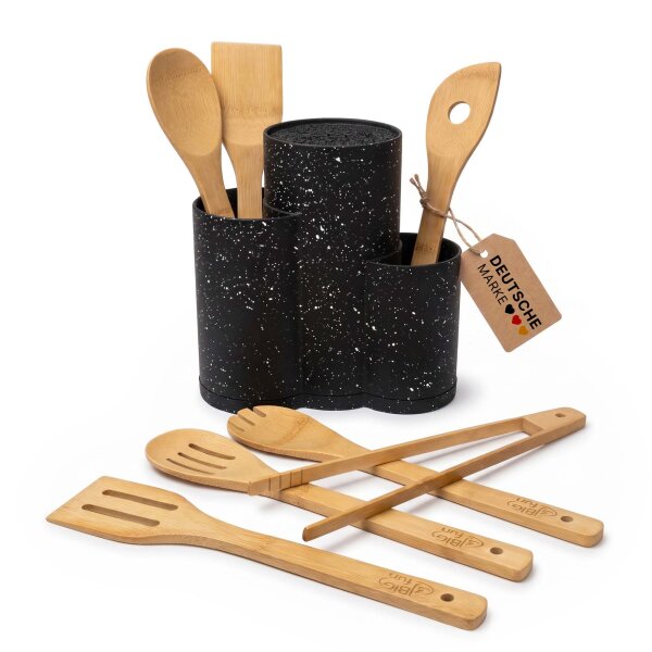 Küchenhelfer Set aus Bambus 7-teilig mit Küchenutensilienhalter Messerhalter, Küchen Organizer für Kochlöffel und Pfannenwender