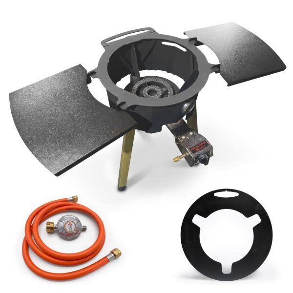 Feuerstelle Ø 36,5 cm aus Stahl mit integriertem Brenner Seitenablagen Adapterring