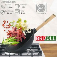 Gusseisen Wok Pfanne 26 cm BRIZOLL Wokpfanne 2,8L für Gasgrill, Herd, Ofen, Lagerfeuer Asia Gusseisenpfanne Induktionsgeeignet Cast Iron