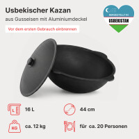 Utschak Set Feuerofen Ø44 cm mit Abzugsrohr Gusseisen Kazan 16 L Aluminium Deckel Schaumkelle Grillhandschuhe Hitzebeständig2mm Stahl Abzugsrohr 16L Kazan Gusseisen Feuerstelle Feldküche Utschak Utschag Kasan Campingofen Außenküche Eintopfofen