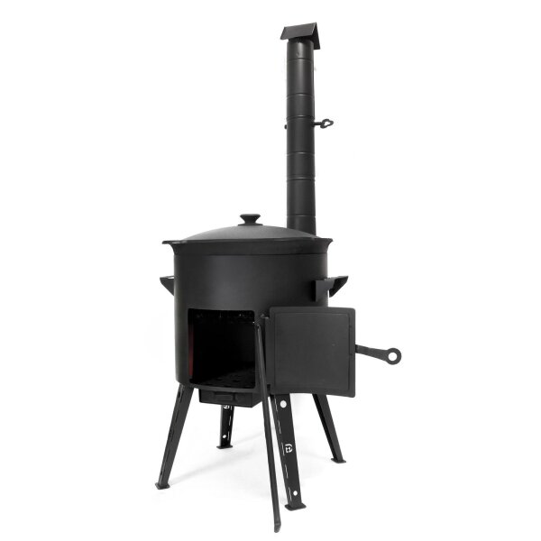 Ø44 Uchag 2mm Stahl mit Abzugsrohr 22L Kazan Gusseisen WOK Kasan Feuerstelle Utschak Utschag Feldküche Campingofen Außenküche Eintopfofen