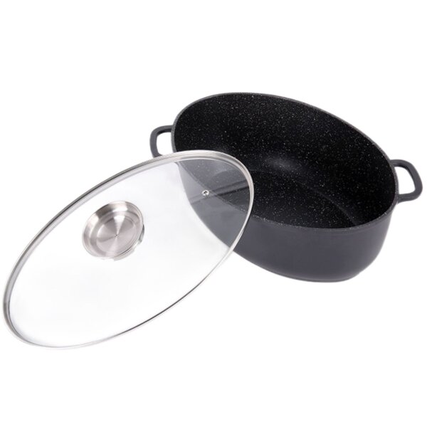 Gänsebräter 7,3 L  – Aluminiumguss Induktion Universalbräter mit Aromaknopf-Glasdeckel, Antihaftbeschichtung, langlebig, ideal für Braten