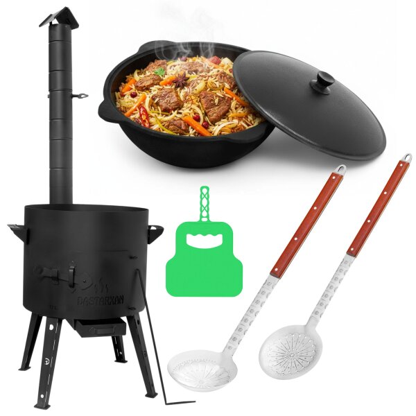 Ø44 Uchag 2mm Stahl mit Abzugsrohr 16L Kazan Gusseisen WOK Utschak Feuerstelle Utschag Campingofen Kasan Feldküche Außenküche Eintopfofen mit Schaumkelle Suppenkelle Grillfächer
