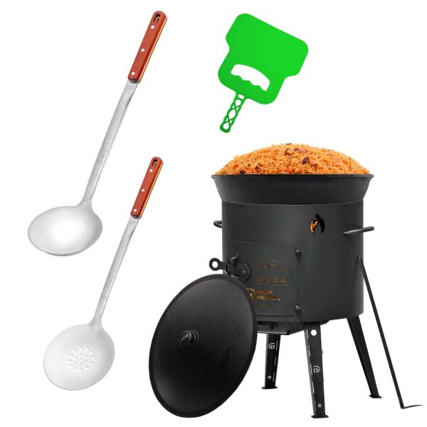 Ø44cm Uchag 2mm stahl Utschak Feuerstelle Utschag Campingofen 22L Kazan Kasan (flacher Boden) Feldküche Außenküche Eintopfofen mit Schaumkelle Suppenkelle Grillfächer