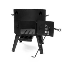 Ø44cm Uchag 2mm stahl Utschak Feuerstelle Utschag Campingofen 22L Kazan Kasan (flacher Boden) Feldküche Außenküche Eintopfofen mit Schaumkelle Suppenkelle Grillfächer