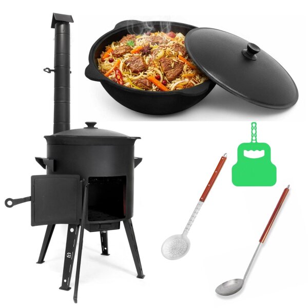 Ø44cm Uchag 2mm Stahl Abzugsrohr mit 22L Kazan Gusseisen Kasan Utschak Utschag Feuerstelle Feldküche Campingofen Außenküche Eintopfofen mit Schaumkelle Suppenkelle Grillfächer