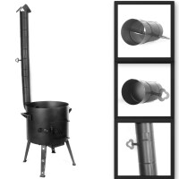 Ø44cm Uchag 2mm Stahl Abzugsrohr mit 22L Kazan Gusseisen Kasan Utschak Utschag Feuerstelle Feldküche Campingofen Außenküche Eintopfofen mit Schaumkelle Suppenkelle Grillfächer