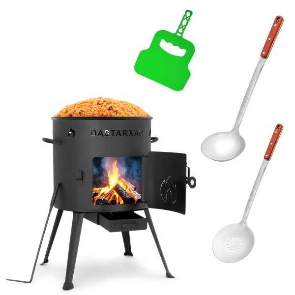 Ø36cm Uchag 2mm stahl Utschak Feuerstelle Utschag Campingofen 8-10L Kazan Feldküche Außenküche Eintopfofen mit Schaumkelle Suppenkelle Grillfächer