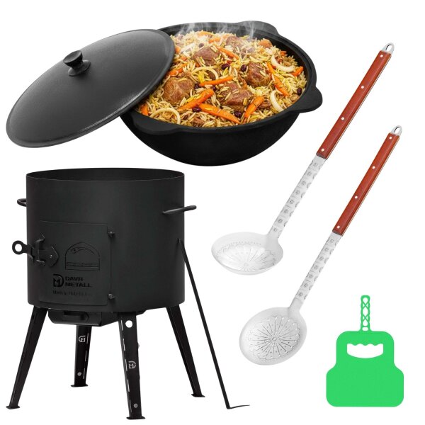 Ø40cm Uchag 2mm Stahl 12-16L Kazan Kasan Utschak Feuerstelle Utschag CampingofenFeldküche Außenküche Eintopfofen mit Schaumkelle Suppenkelle Grillfächer