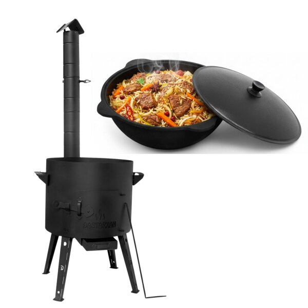 Ø49cm Uchag 2mm Stahl mit Abzugsrohr 22L Kazan Kasan Feuerstelle Utschag Utschak Campingofen Feldküche Außenküche Eintopfofen