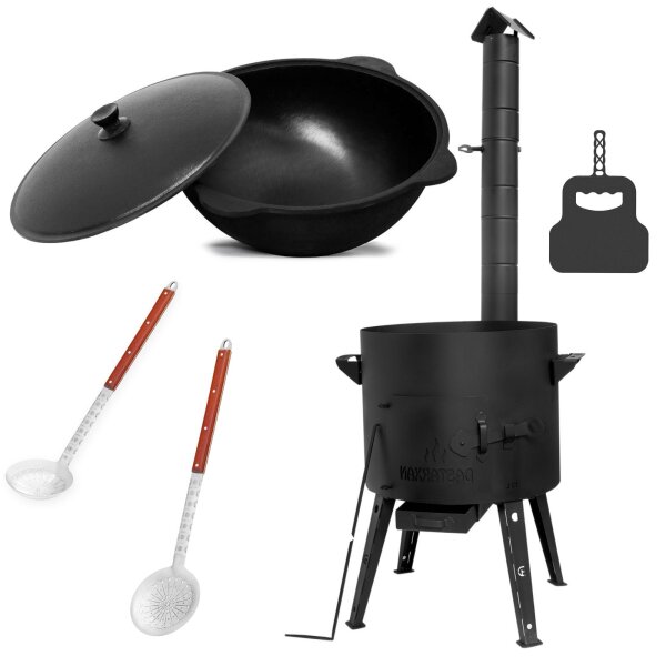 Ø49cm Uchag 2mm Stahl Abzugsrohr 22L Kazan WOK Kasan Utschak Feuerstelle Utschag Campingofen Feldküche Außenküche Eintopfofen mit Schaumkelle Suppenkelle Grillfächer