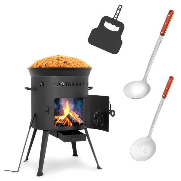 Ø36cm Uchag 2mm stahl Utschak Feuerstelle Utschag Campingofen 12L Kazan WOK Kasan (Runder boden) Feldküche Außenküche Eintopfofen mit Schaumkelle Suppenkelle Grillfächer