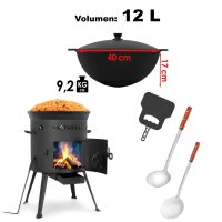 Ø36cm Uchag 2mm stahl Utschak Feuerstelle Utschag Campingofen 12L Kazan WOK Kasan (Runder boden) Feldküche Außenküche Eintopfofen mit Schaumkelle Suppenkelle Grillfächer
