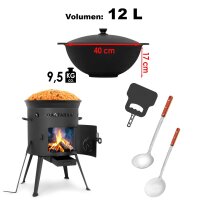 Ø36cm Uchag 2mm stahl Utschak Utschag Feldküche 12L Kazan Kasan (flacher boden) Feuerstelle Campingofen Außenküche Eintopfofen mit Schaumkelle Suppenkelle Grillfächer