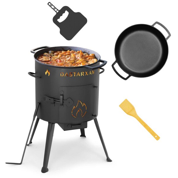 Ø36cm Uchag 2mm Stahl Gusseisenpfanne Bräter Schmortopf Feuerstelle Utschak Utschag Campingofen Grillfächer Pfannenwender Feldküche Außenküche