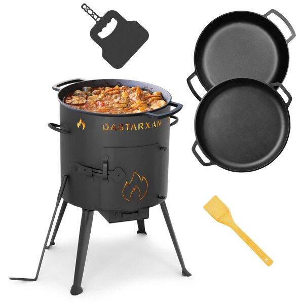 Ø36cm Uchag 2mm Stahl Utschak Gusseisenpfanne Bräter mit Deckel-Bratpfanne aus Gusseisen Schmortopf Feuerstelle Utschag Campingofen Grillfächer Pfannenwender Feldküche Außenküche