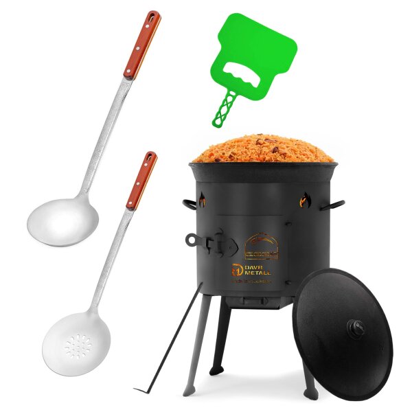 Ø36cm Uchag 2mm Stahl Utschak Utschag Feldküche 12L Kazan Kasan Feuerstelle Campingofen Außenküche Eintopfofen mit Schaumkelle Suppenkelle Grillfächer