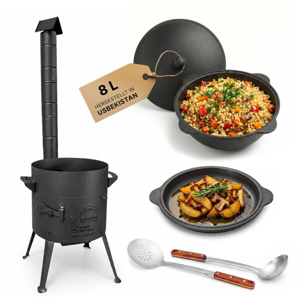 Utschak Ø36cm 2mm Stahl Feuerofen mit Abzugsrohr Aschekasten Gusseisen Kazan 8L Set Outdoor Küche Campingofen Feldküche Dutch Oven BBQ Lagerfeuer Eintopfofen