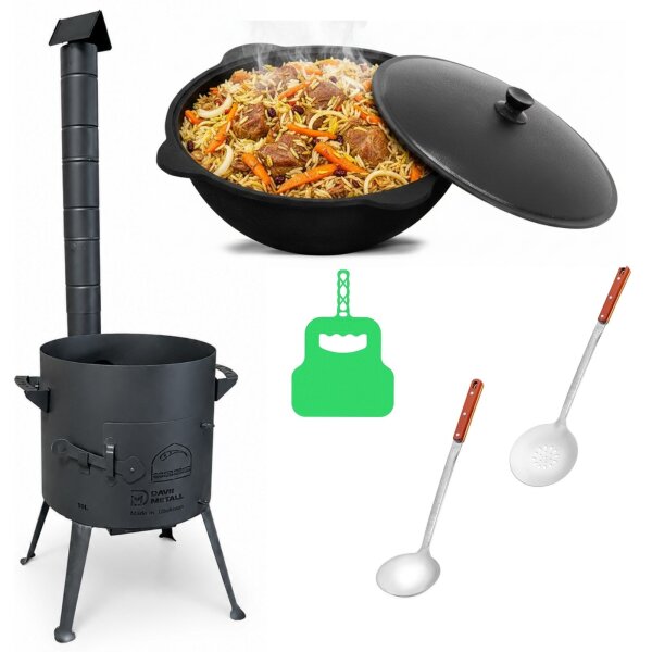 Ø36cm Uchag 2mm Stahl mit Abzugsrohr 12L Kasan Gusseisen Feuerstelle Kazan Utschak Utschag Feldküche Campingofen Außenküche Eintopfofen mit Schaumkelle Suppenkelle Grillfächer