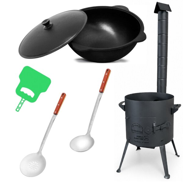 Ø36cm Uchag 2mm Stahl mit Abzugsrohr 12L Kasan Guseisen Feuerstelle Kazan WOK Utschak Utschag Feldküche Campingofen Außenküche Eintopfofen mit Schaumkelle Suppenkelle Grillfächer