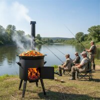 Ø36cm Uchag 2mm Stahl mit Abzugsrohr 12L Kasan Guseisen Feuerstelle Kazan WOK Utschak Utschag Feldküche Campingofen Außenküche Eintopfofen mit Schaumkelle Suppenkelle Grillfächer