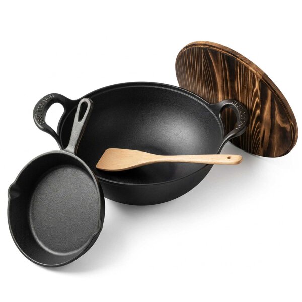 Gusseisen Wok 5 L mit Holzdeckel, Pfanne 18,5 cm & Holzspate – Servierpfanne mit Ausgießer und Wokpfanne - Braten Schmoren Servieren Induktion Gasgrill Ofen