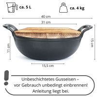 Gusseisen Wok 5 L mit Holzdeckel, Pfanne 18,5 cm & Holzspate – Servierpfanne mit Ausgießer und Wokpfanne - Braten Schmoren Servieren Induktion Gasgrill Ofen