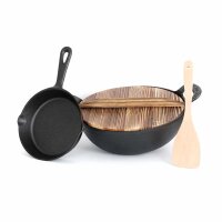 Gusseisen Wok 5 L mit Holzdeckel, Pfanne 18,5 cm & Holzspate – Servierpfanne mit Ausgießer und Wokpfanne - Braten Schmoren Servieren Induktion Gasgrill Ofen