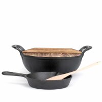 Gusseisen Wok 5 L mit Holzdeckel, Pfanne 18,5 cm & Holzspate – Servierpfanne mit Ausgießer und Wokpfanne - Braten Schmoren Servieren Induktion Gasgrill Ofen