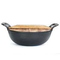 Gusseisen Wok 5 L mit Holzdeckel, Pfanne 18,5 cm & Holzspate – Servierpfanne mit Ausgießer und Wokpfanne - Braten Schmoren Servieren Induktion Gasgrill Ofen