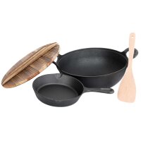 Gusseisen Wok 5 L mit Holzdeckel, Pfanne 18,5 cm & Holzspate – Servierpfanne mit Ausgießer und Wokpfanne - Braten Schmoren Servieren Induktion Gasgrill Ofen