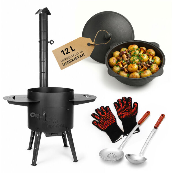 Usbekischer Uchag 2mm Stahl 12L Outdoor Kazan Set Feuerstelle Ofen Abzugsrohr Komplettset Aluminiumdeckel Zubehör Grillhandschuhe Seitentische Feldküche Plov Campingofen