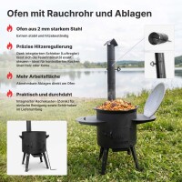 Usbekischer Uchag 2mm Stahl 12L Outdoor Kazan Set Feuerstelle Ofen Abzugsrohr Komplettset Aluminiumdeckel Zubehör Grillhandschuhe Seitentische Feldküche Plov Campingofen