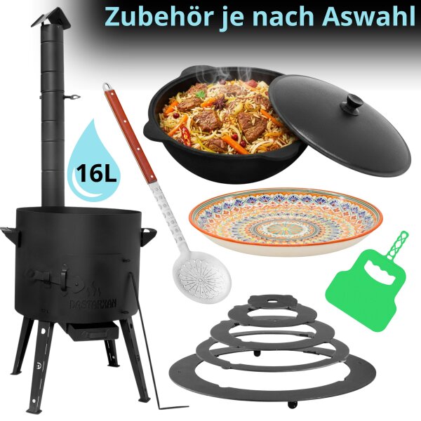 Ø44cm Uchag 2mm Stahl Abzugsrohr mit Adapter-Ringe 16L Kazan Kasan Utschak Utschag Feldküche Feuerstelle Campingofen Außenküche Eintopfofen Schaumkelle Grillfächer Orientalischer Teller