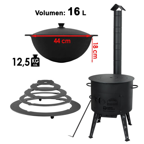 Ø44cm Uchag 2mm stahl Utschak-Ofen Adapter-Ringe Abzugsrohr 16L Kazan rund Kasan Kessel Utschag Feldküche Feuerstelle Campingofen Außenküche Eintopfofen