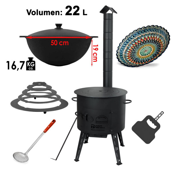 Ø49cm Uchag 2mm stahl Utschak mit Adapter-Ringe Rohr 22L Kazan rund Kasan Utschag Feldküche Feuerstelle Campingofen Außenküche Eintopfofen Schaumkelle Grillfächer Orientalischer Teller