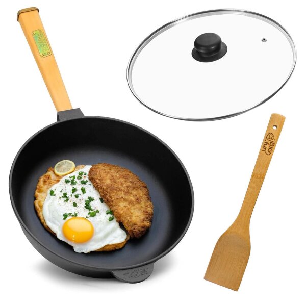 Ø24 - 28 cm Pfanne aus Gusseisen mit Holzgriff Glasdeckel abschraubbar Gusseisenpfanne Bratpfanne Steakpfannen Cast Iron Pan Feuerpfanne alle Herdarten Induktion Pfannenwender