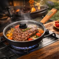 Ø24 - 28 cm Pfanne aus Gusseisen mit Holzgriff Glasdeckel abschraubbar Gusseisenpfanne Bratpfanne Steakpfannen Cast Iron Pan Feuerpfanne alle Herdarten Induktion Pfannenwender