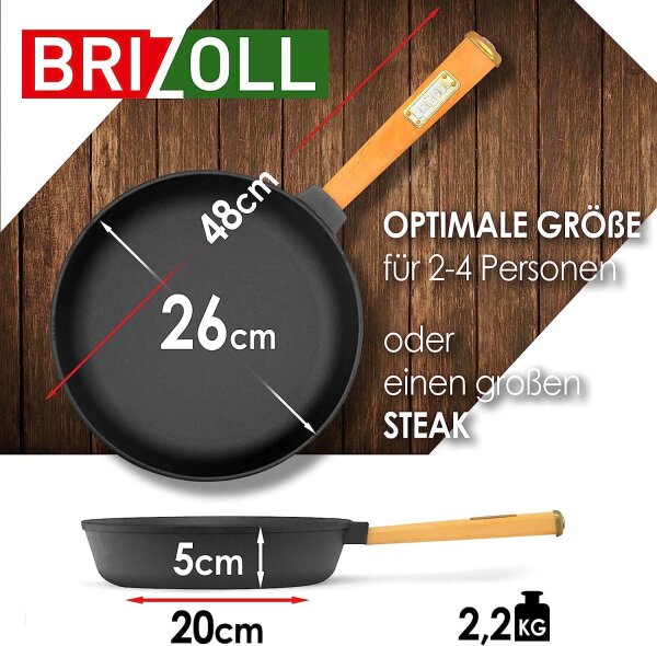 Ø26cm Pfanne aus Gusseisen mit Holzgriff Glasdeckel abschraubbar 50mm hoch Gusseisenpfanne Bratpfanne Steakpfannen Cast Iron Pan Feuerpfanne alle Herdarten Induktion Pfannenwender