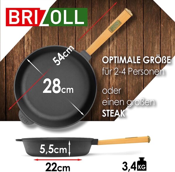 Ø28cm Pfanne aus Gusseisen mit Holzgriff Glasdeckel abschraubbar 55mm hoch Gusseisenpfanne Bratpfanne Steakpfannen Cast Iron Pan Feuerpfanne alle Herdarten Induktion Pfannenwender