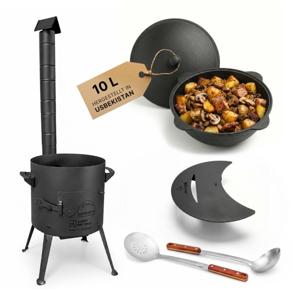 Feuerstelle 36 cm 2mm Stahl mit 10L Gusseisen Kazan Plov Kessel Set Feuerofen Outdoor Küche inkl. Deckel Zubehör Ablagetisch Plov Gulasch Kessel Usbekische Qualität