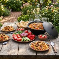 Feuerstelle 36 cm 2mm Stahl mit 10L Gusseisen Kazan Plov Kessel Set Feuerofen Outdoor Küche inkl. Deckel Zubehör Ablagetisch Plov Gulasch Kessel Usbekische Qualität