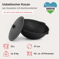 Feuerstelle 36 cm 2mm Stahl mit 10L Gusseisen Kazan Plov Kessel Set Feuerofen Outdoor Küche inkl. Deckel Zubehör Ablagetisch Plov Gulasch Kessel Usbekische Qualität