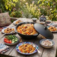Feuerstelle 36 cm 2mm Stahl mit 10L Gusseisen Kazan Plov Kessel Set Feuerofen Outdoor Küche inkl. Deckel Zubehör Ablagetisch Plov Gulasch Kessel Usbekische Qualität