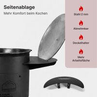 Feuerstelle 36 cm 2mm Stahl mit 10L Gusseisen Kazan Plov Kessel Set Feuerofen Outdoor Küche inkl. Deckel Zubehör Ablagetisch Plov Gulasch Kessel Usbekische Qualität