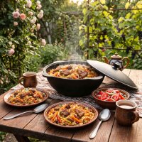 Feuerstelle 36 cm 2mm Stahl mit 10L Gusseisen Kazan Plov Kessel Set Feuerofen Outdoor Küche inkl. Deckel Zubehör Ablagetisch Plov Gulasch Kessel Usbekische Qualität