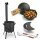 Feuerstelle 36 cm 2mm Stahl mit 10L Gusseisen Kazan Plov Kessel Set Feuerofen Outdoor Küche inkl. Deckel Zubehör Ablagetisch Plov Gulasch Kessel Usbekische Qualität