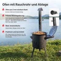 Utschag Feuerstelle Ø36cm aus 2mm Stahl mit 10L Gusseisen Kazan Set – Outdoor Ofen, Feldküche, Camping Grill inkl. Rauchrohr, Seitentisch & Zubehör