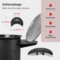 Utschag Feuerstelle Ø36cm aus 2mm Stahl mit 10L Gusseisen Kazan Set – Outdoor Ofen, Feldküche, Camping Grill inkl. Rauchrohr, Seitentisch & Zubehör